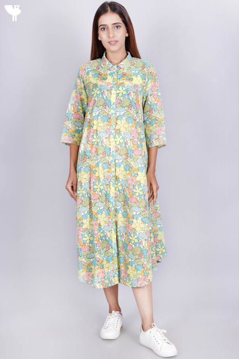 Mulmul Cotton Dress In Floral Block Print